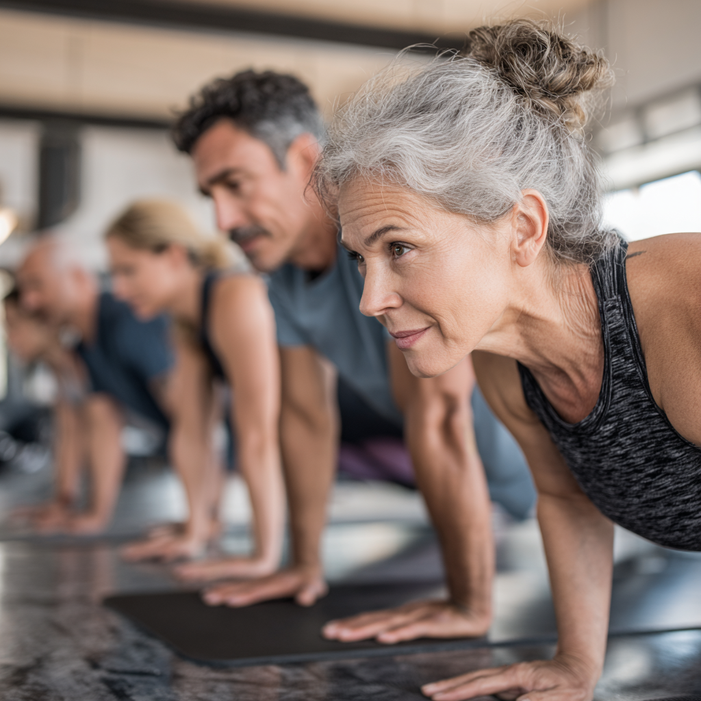 Middle-aged adults participating in functional fitness training session