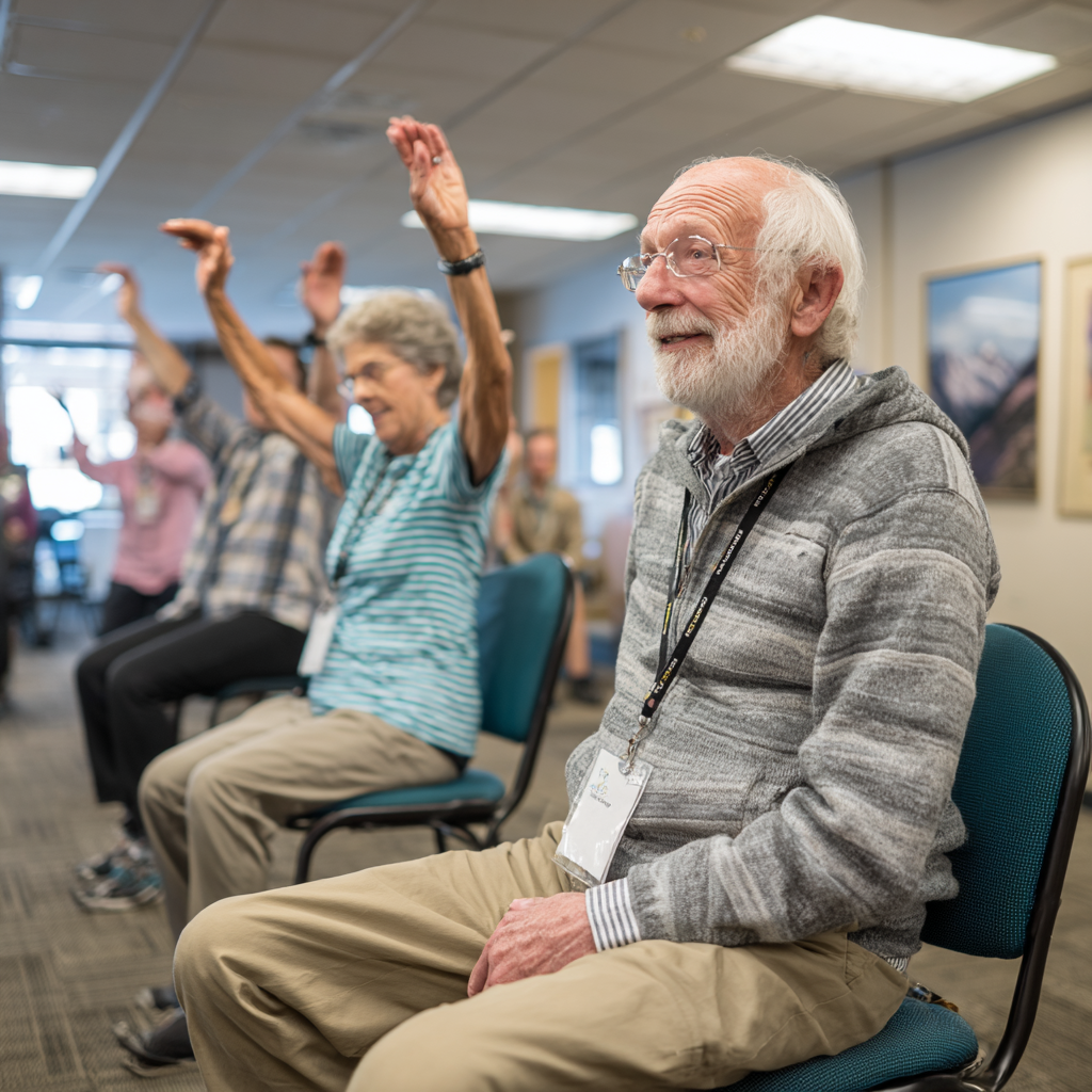 Older adults demonstrating improved mobility and strength during glanesto training session